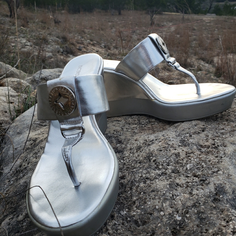 BCBG silver 4" wedge sandals